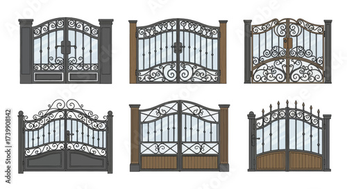 Set of six different classic forged metal gates with ornate scrollwork.