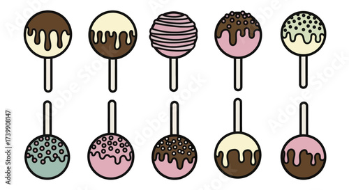 Set of colorful decorated cake pop icons on a white background.