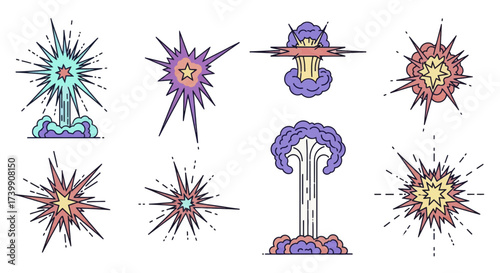 Set of colorful cartoon explosion and burst illustrations.