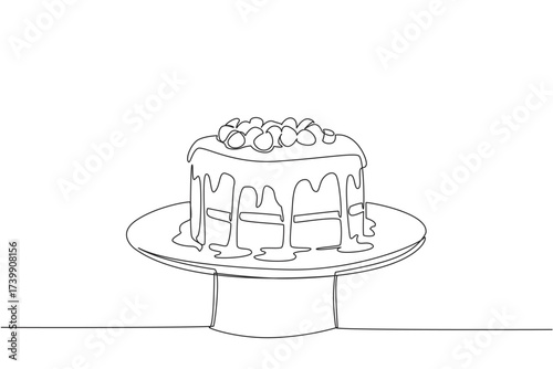 Single continuous line drawing hazelnut cake with melted chocolate and hazelnut topping on a cake plate. Celebrating a celebration. National Hazelnut Cake Day. One line design vector illustration