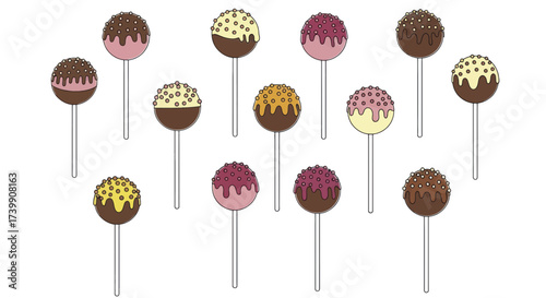 Set of colorful cartoon cake pops with chocolate glaze and sprinkles.