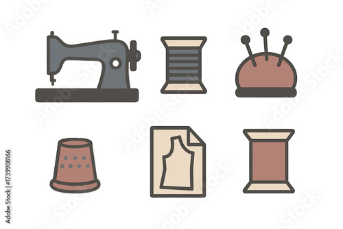 Essential tailoring tools set including sewing machine, spools, thimble, and pattern