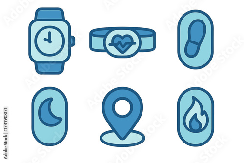 Set of blue icons showing fitness tracking data and wearable technology functions