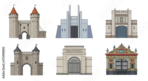 Set of Six Different Architectural Gates and Entrances.