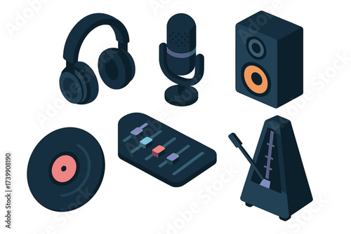 Isometric icons set of essential audio production and music recording equipment