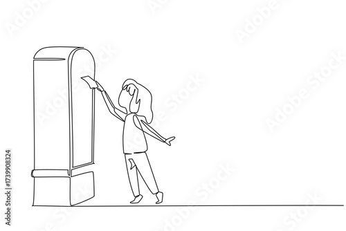 Continuous one line drawing a girl on tiptoe puts a letter into post box. Learn to send letters in the modern era. Communicate the classic way. Pen Pal Day. Single line draw design vector illustration