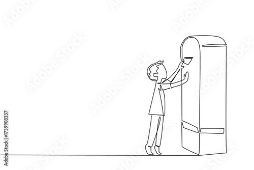 Single continuous line drawing a boy on tiptoe puts a letter into the post box. Sending letters with old technology. Maintaining friendship. Postal. Pen Pal Day. One line design vector illustration