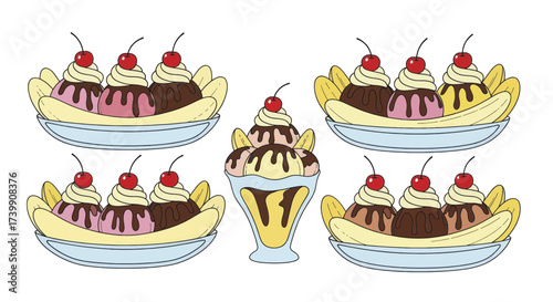 Collection of colorful cartoon banana split and ice cream sundae desserts.