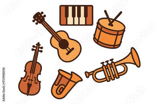 Stylized collection of musical instruments including brass, strings, and percussion elements
