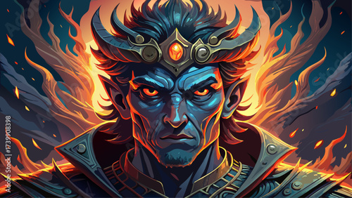 Close-up portrait of Hades, glowing fire eyes, surreal dark crown, fantasy aura, dreamlike god of underworld, mythical power, imaginative design, epic close-up artwork, legendary Greek deity.