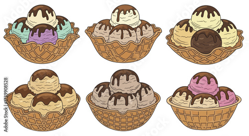 Set of six cartoon ice cream waffle bowls with chocolate topping.