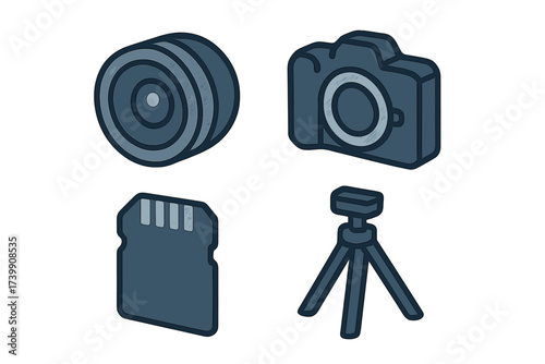 Isometric photography equipment icons including camera lens digital camera memory card and tripod