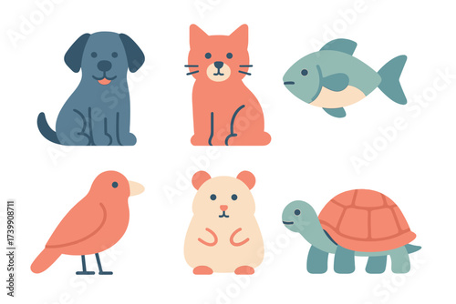 Cute stylized domestic and wild animals set including dog cat fish bird hamster and turtle