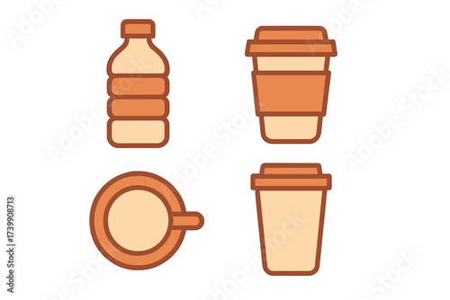 Set of four stylized icons of common beverage containers and drinkware