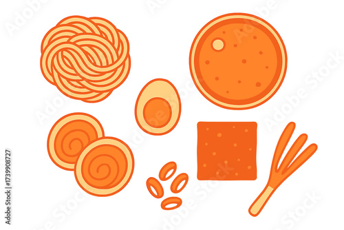 Traditional Asian noodle soup toppings including egg, fish cake, and scallions