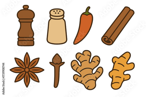 Kitchen seasoning icons including pepper mill, salt shaker, chili pepper, cinnamon, ginger, clove, and star anise