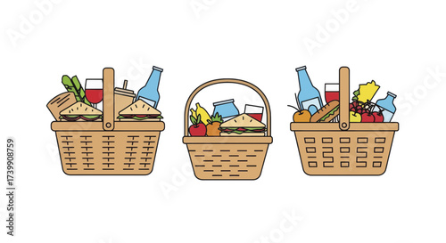 Set of three wicker picnic baskets filled with food and drinks for a summer outing.