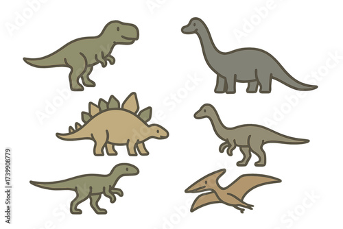 Set of cute cartoon prehistoric animals including various dinosaur species and a flying reptile