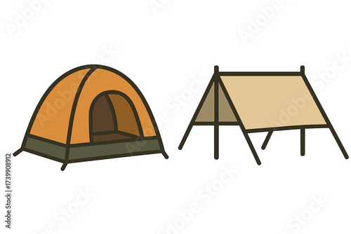 Set of two camping tents featuring modern dome and traditional canvas shelters
