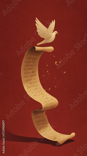 White Dove Flying Above Unrolling Scroll with Arabic Calligraphy, Symbolizing Peace and Divine Message