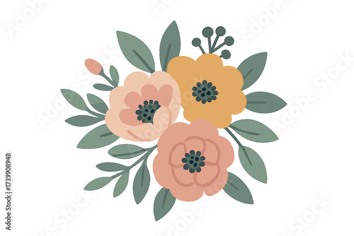 Decorative spring flower cluster with soft pink and golden yellow blooms
