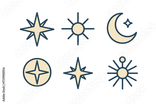 Outlined astronomical symbols set featuring stars, the sun, and a crescent moon shape