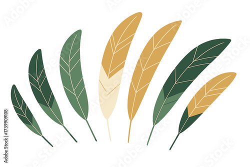 Abstract decorative foliage elements in earthy green and mustard yellow colors isolated on white background