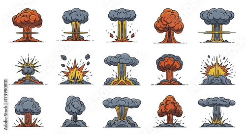 Set of Nuclear Explosion and Atomic Bomb Mushroom Cloud Icons.