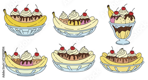 A collection of hand drawn banana split ice cream sundaes.