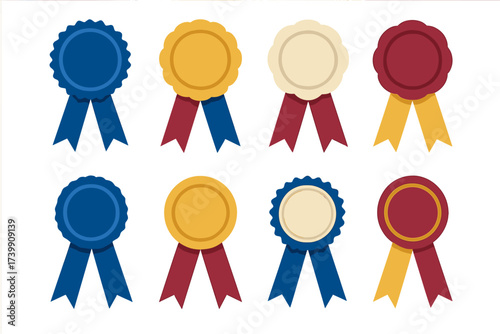 Set of eight colorful award rosettes and blank badges with ribbons for achievement recognition