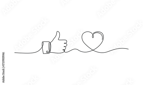 Continuous line drawing of like symbol and love heart for social media approval expressing positive emotions and minimalist art concept