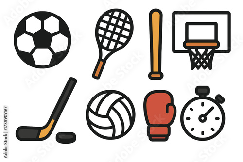 Set of outlined sports equipment symbols including ball, racket, bat, and stopwatch