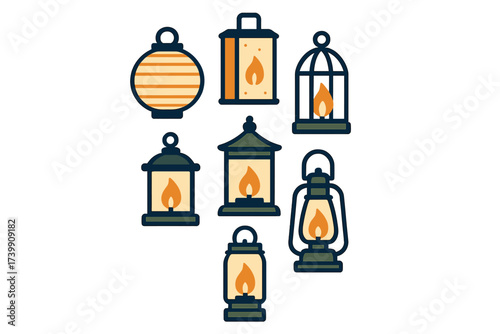 Diverse set of glowing vintage and decorative lanterns with warm burning flames