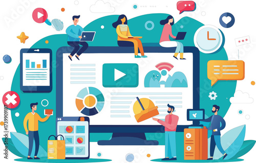 Digital marketing team collaborating on a large computer screen with data and icons
