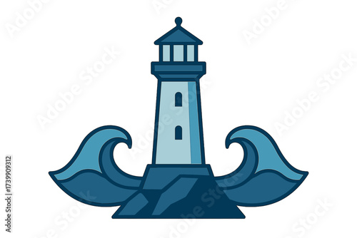 Stylized coastal lighthouse standing on rocky ground surrounded by ocean waves