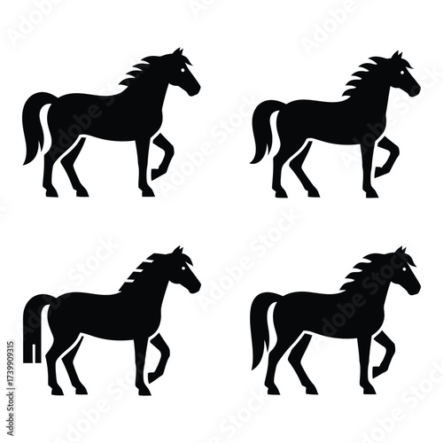 Four silhouette horse poses dynamic galloping and standing animal figures for equestrian themed designs and projects silhouette