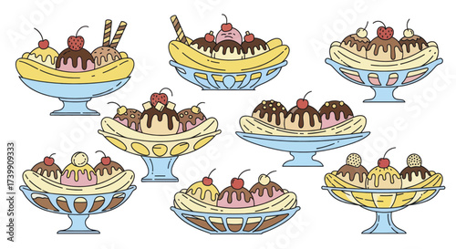 Collection of various banana split ice cream sundaes.