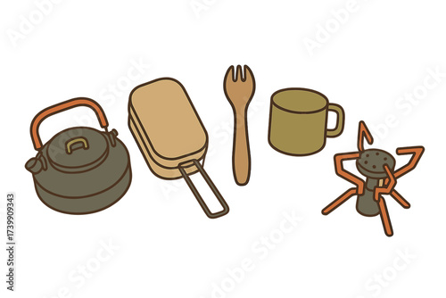 Essential camping and hiking cooking equipment set with kettle, stove, mug, and utensils