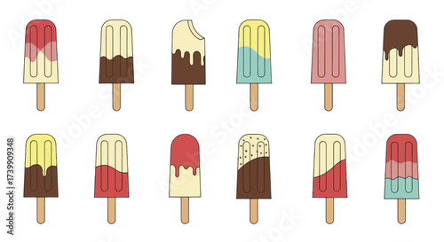 Colorful popsicle ice cream collection isolated on white.