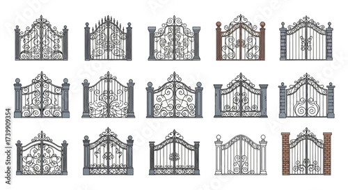 Set of vintage forged metal gates with ornate scrollwork.