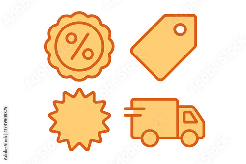 E-commerce shopping icons set featuring discount badge price tag and delivery truck