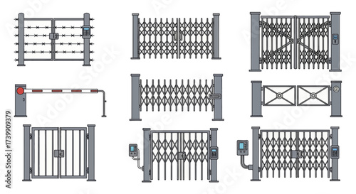 Collection of various security gates and barriers vector illustration.