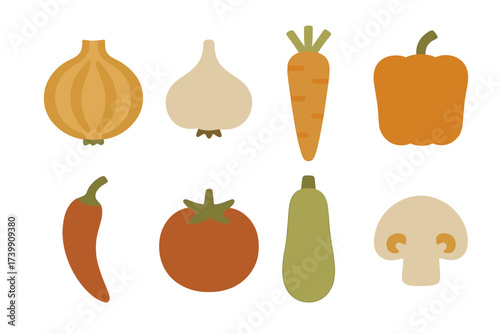 Stylized fresh produce assortment featuring eight common kitchen ingredients