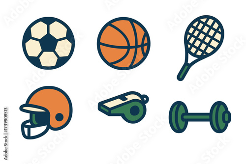 Collection of essential sports equipment symbols including balls, racket, helmet, whistle, and dumbbell