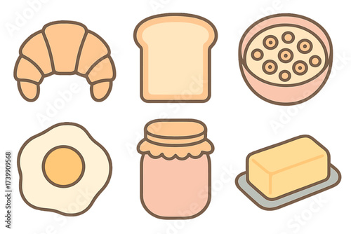 Classic breakfast food icons including croissant, toast, fried egg, cereal, jam, and butter