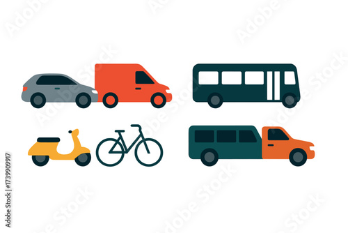 Urban transportation vehicles including car, van, bus, scooter, and bicycle set
