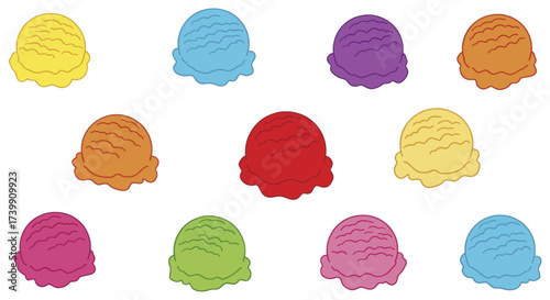 A colorful collection of assorted ice cream scoops isolated on a white background.