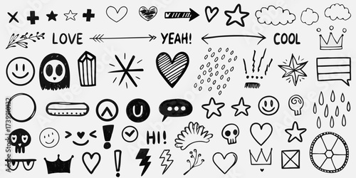 Collection of hand drawn doodle icons and symbols with words like love and cool