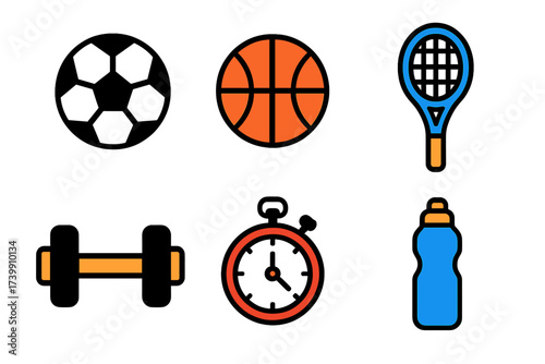 Colorful set of sports and fitness equipment icons including balls, racket, dumbbell, and stopwatch