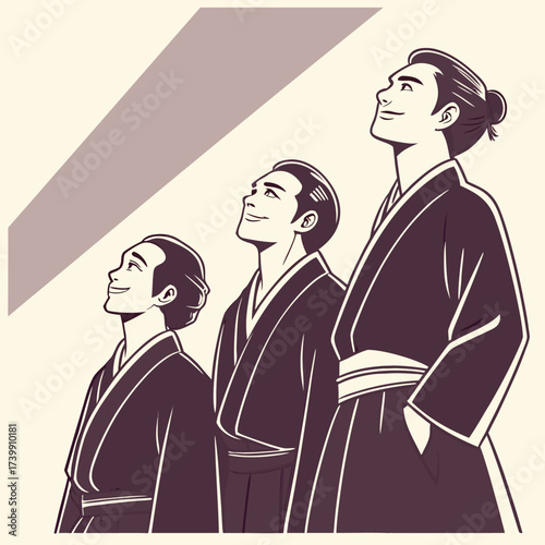 Three men in traditional japanese clothing gaze upwards, a striking illustration of cultural heritage and aspiration